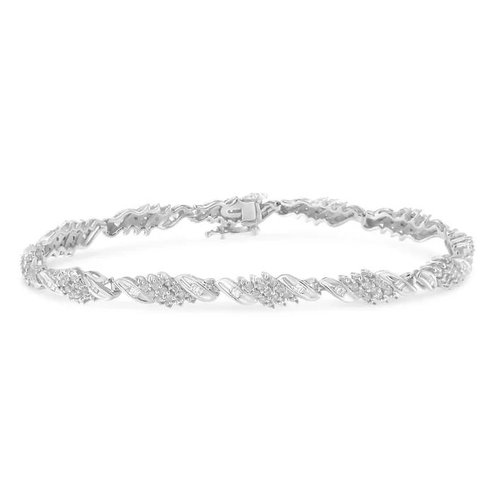 .925 Sterling Silver 1-1/2 Cttw Round and Baguette Cut Diamond Wave Link Bracelet (I-J Color, I2-I3 Clarity) – 7″