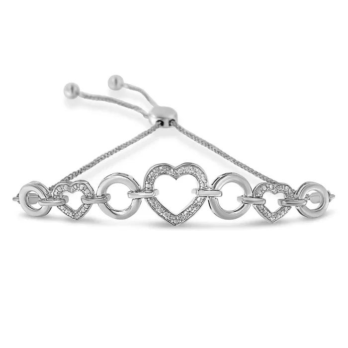 .925 Sterling Silver 1/10 Cttw Round-Cut Diamond Heart-Link Adjustable Bolo Bracelet ( H-I Color, I2-I3 Clarity) – 6″-9″ Adjustable