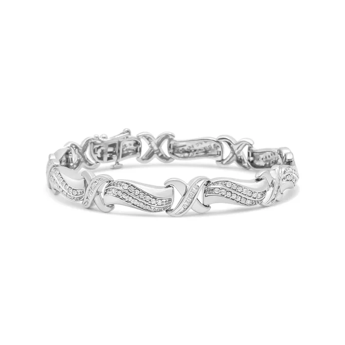 .925 Sterling Silver 1 3/4 Cttw Diamond Wave and X Link Tennis Bracelet (I-J Color, I3 Clarity) – 7″