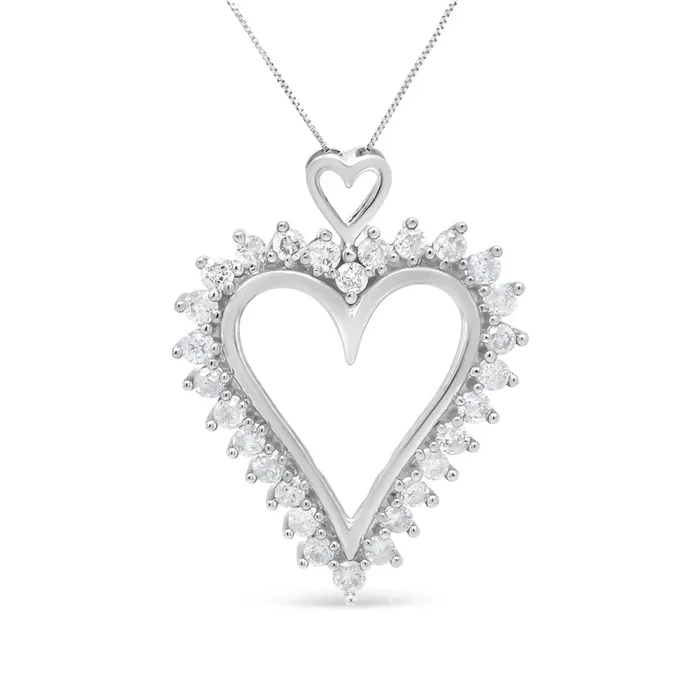 .925 Sterling Silver 1 3/4 Cttw Round Diamond Lined Open Heart Pendant 18″ Necklace (I-J Color, I2-I3 Clarity)