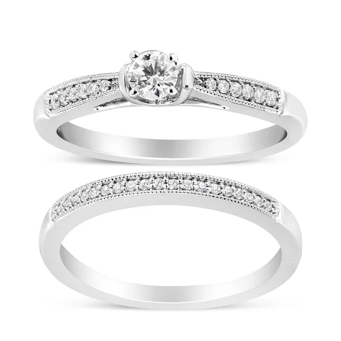 .925 Sterling Silver 1/3 Cttw Diamond Classic Engagement Ring Bridal Set with Milgrain (I-J Color, I3 Clarity)