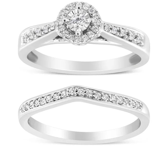 .925 Sterling Silver 1/3 Cttw Diamond Halo and Pave Shank Engagement Ring Set (I-J Color, I3 Clarity)