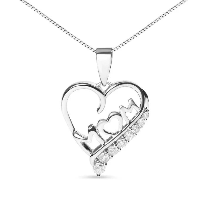 .925 Sterling Silver 1/4 Cttw Diamond “Mom” and Open Heart 18″ Pendant Necklace (I-J Color, I2-I3 Clarity)