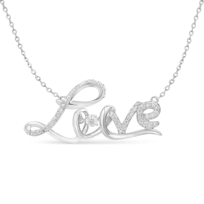 .925 Sterling Silver 1/4 Cttw Diamond Cursive “Love” 18″ Pendant Necklace (H-I Color, I1-I2 Clarity)