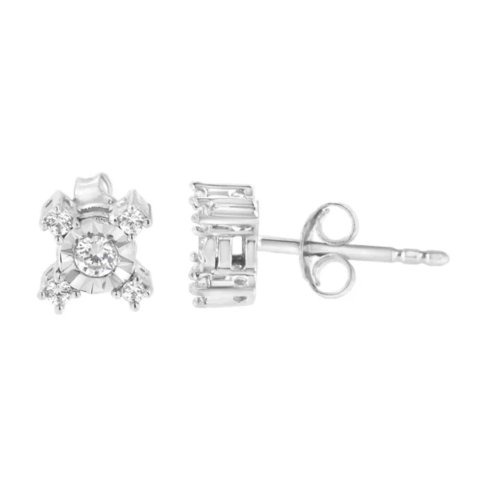 .925 Sterling Silver 1/4 Cttw Miracle Plate Set Round and Princess-Cut Diamond “X” Shaped Stud Earrings (I-J Color, I2-I3 Clarity)