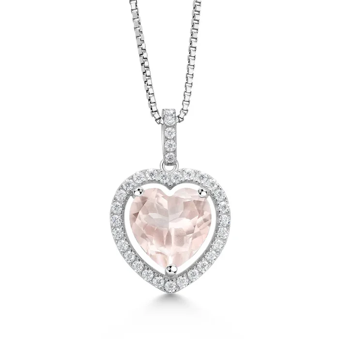 925 Sterling Silver 12MM Heart Shape Gemstone Birthstone and White Moissanite Halo Pendant Necklace for Women with 18 Inch Silver Chain