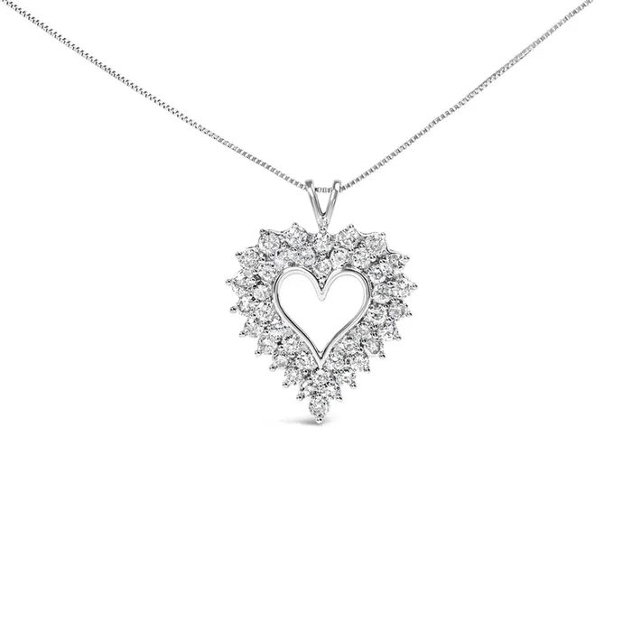 925 Sterling Silver 4.0 Cttw Diamond Two Row Open Heart 18″ Pendant Necklace (I-J Color, I2-I3 Clarity)