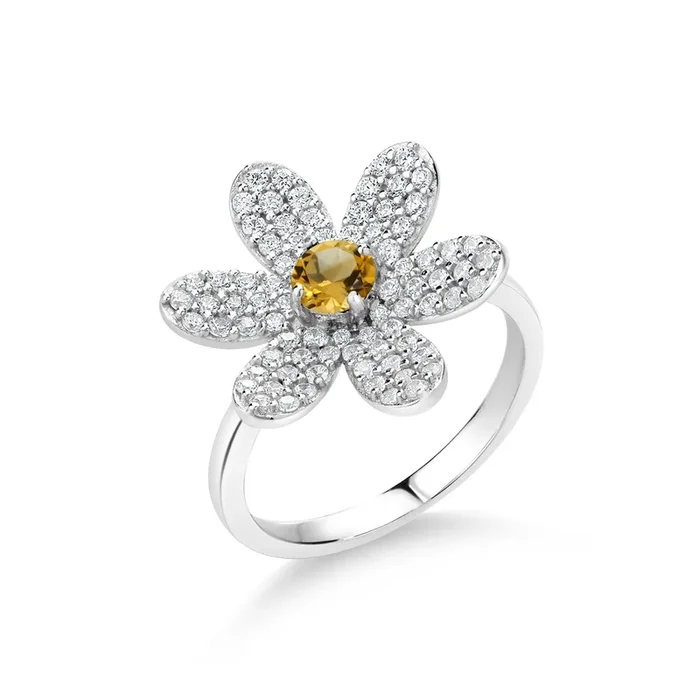 925 Sterling Silver 4MM Round Gemstone Birthstone Flower Ring For Women By Keren Hanan | Fine Jewelry Gift For Women