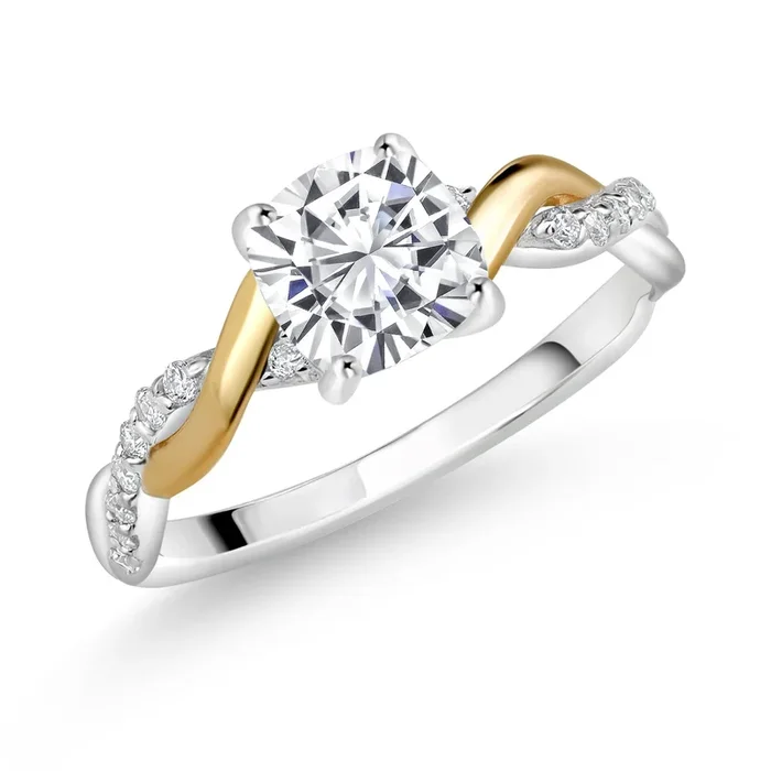 925 Sterling Silver and 10K Yellow Gold Moissanite and Lab Grown Diamond Engagement Ring for Women | 1.31 Cttw | Cushion 6MM)
