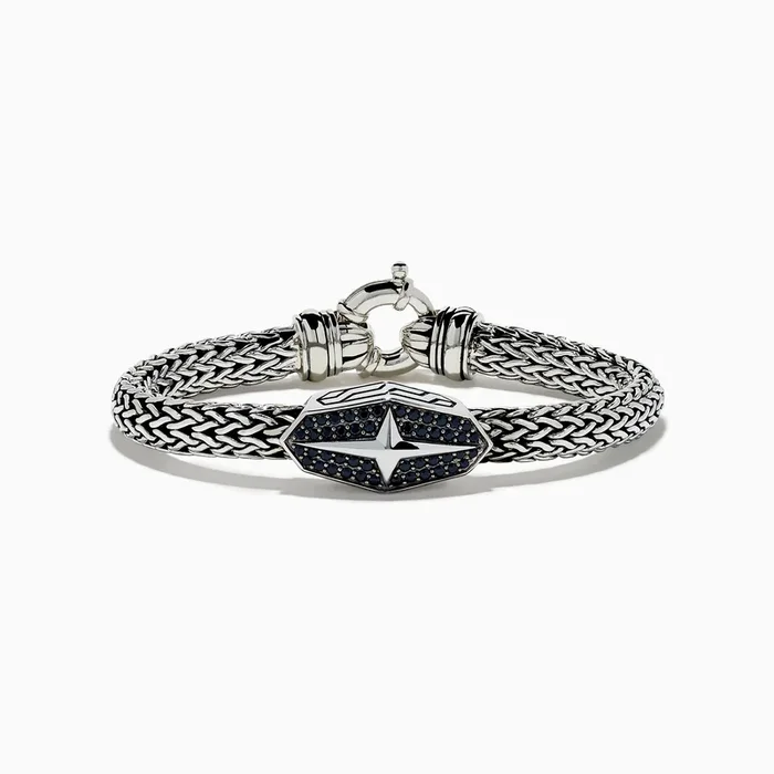 925 Sterling Silver and Black Spinel Braided Chain Bracelet