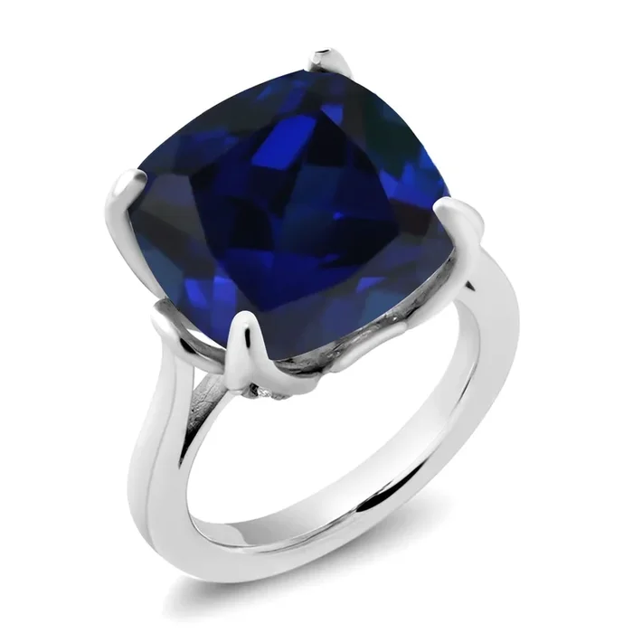 925 Sterling Silver Blue Created Sapphire and White Diamond Engagement Ring For Women (14.12 Cttw, 14MM Cushion, Available in Size 5,6,7,8,9)