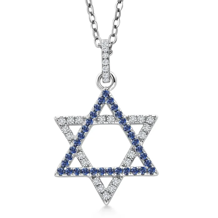 925 Sterling Silver Blue Created Sapphire and White Moissanite Star Of David Pendant Necklace For Women (0.55 Cttw, 16x16MM, 18 Inch Chain)