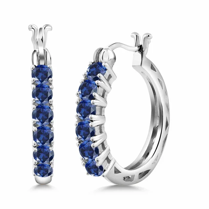 925 Sterling Silver Blue Created Sapphire Hoop Earrings for Women | 1.68 Cttw | Gemstone September Birthstone | Round 3MM