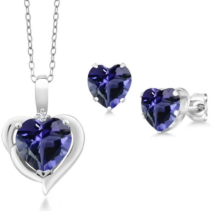 925 Sterling Silver Blue Iolite and White Lab Grown Diamond Pendant Necklace Earrings Set For Women (2.43 Cttw, Heart Shape 8MM and 6MM, with 18 Inch Chain)