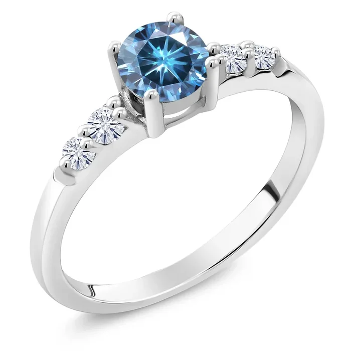 925 Sterling Silver Blue Moissanite and White Lab Grown Diamond Engagement Ring For Women (0.65 Cttw, Round 5MM, Gemstone Birthstone)