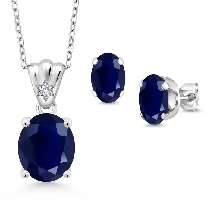 925 Sterling Silver Blue Sapphire and White Created Sapphire Pendant and Earrings Jewelry Set For Women (8.14 Cttw, Gemstone Birthstone, Oval 11X9MM and 8X6MM with 18 Inch Silver Chain)