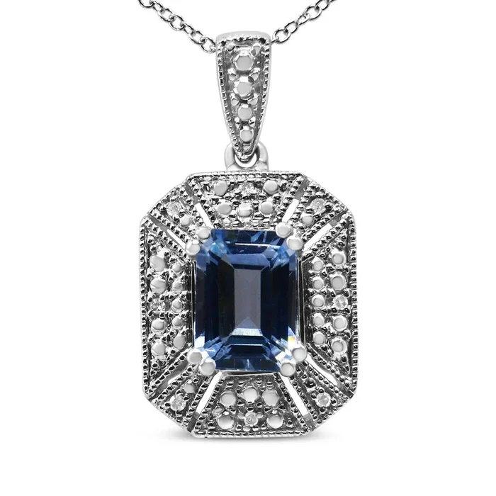.925 Sterling Silver Blue Topaz and Diamond Accent Art Deco Style 18″ Pendant Necklace (I-J Color, I1-I2 Clarity)