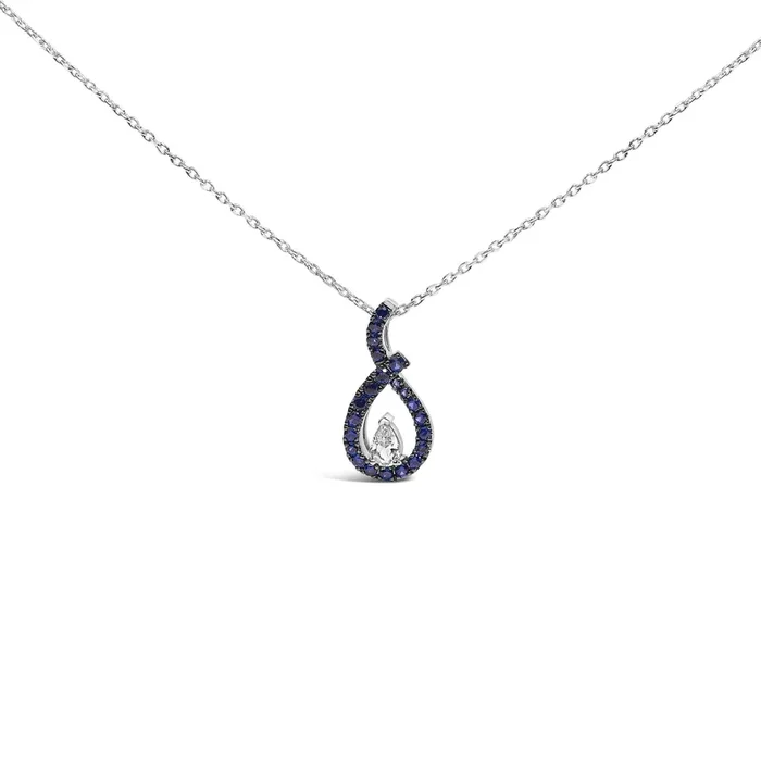 .925 Sterling Silver Created Blue and White Sapphire Teardrop Shaped Pendant Necklace – 18″ Inches