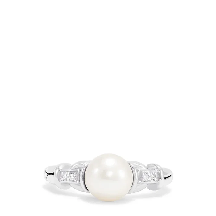 925 Sterling Silver Cultured Pearl and Diamond Ring, 0.03 TCW