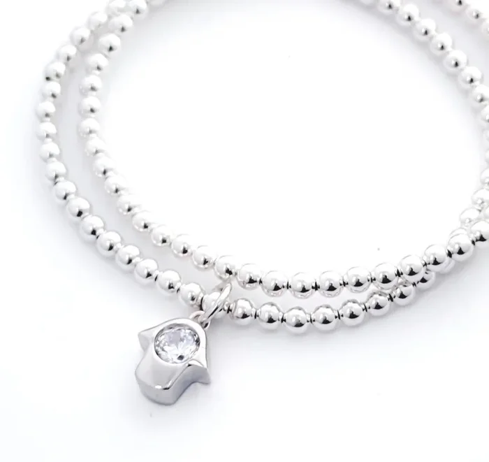 925 Sterling Silver CZ Hamsa Bracelet, Evil Eye Bracelet, Stacked Bracelets