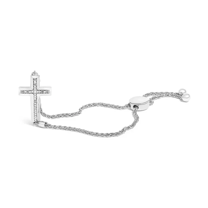 .925 Sterling Silver Diamond Accent Cross Bolo Bracelet (I-J Color, I1-I2 Clarity) – 7″