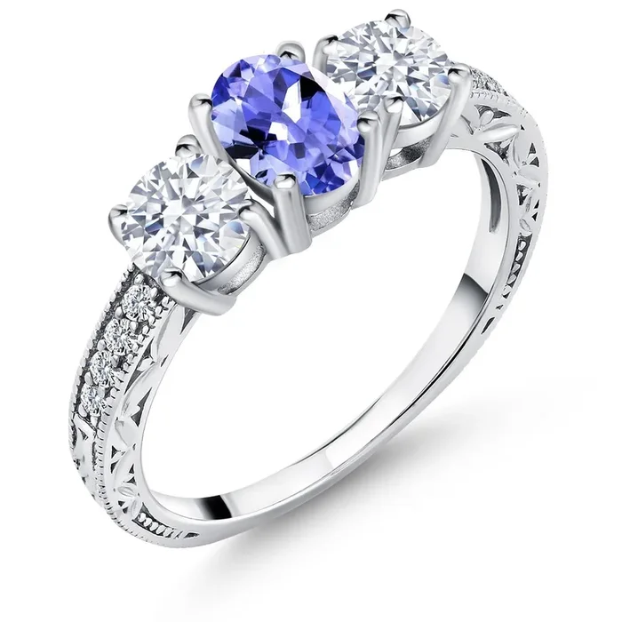 925 Sterling Silver Gemstone Birthstone 3-Stone Engagement Ring for Women | Oval 7X5MM and Round 5MM | Filigree and Milgrain Detail | Three Stone Wedding Anniversary Promise Ring | Size 5-9