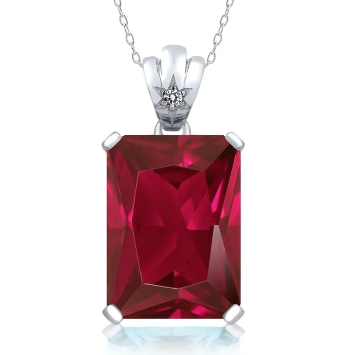 925 Sterling Silver Gemstone Birthstone and Diamond Pendant Necklace | Emerald Cut 18X13MM Center Stone & Round 1.8MM Accent | Fine Jewelry Gifts for Her Mom Women Wife | With 18 Inch Chain