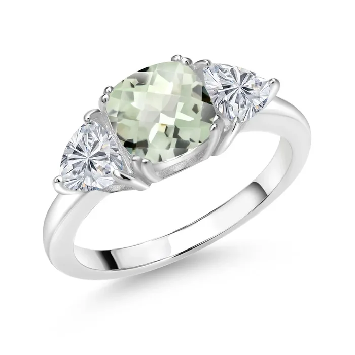 925 Sterling Silver Gemstone Birthstone and Lab Grown Diamonds 3-Stone Engagement Ring for Women | 7MM Cushion and 5MM Trillion | Three Stone Promise Anniversary Wedding Ring | Sizes 5-9