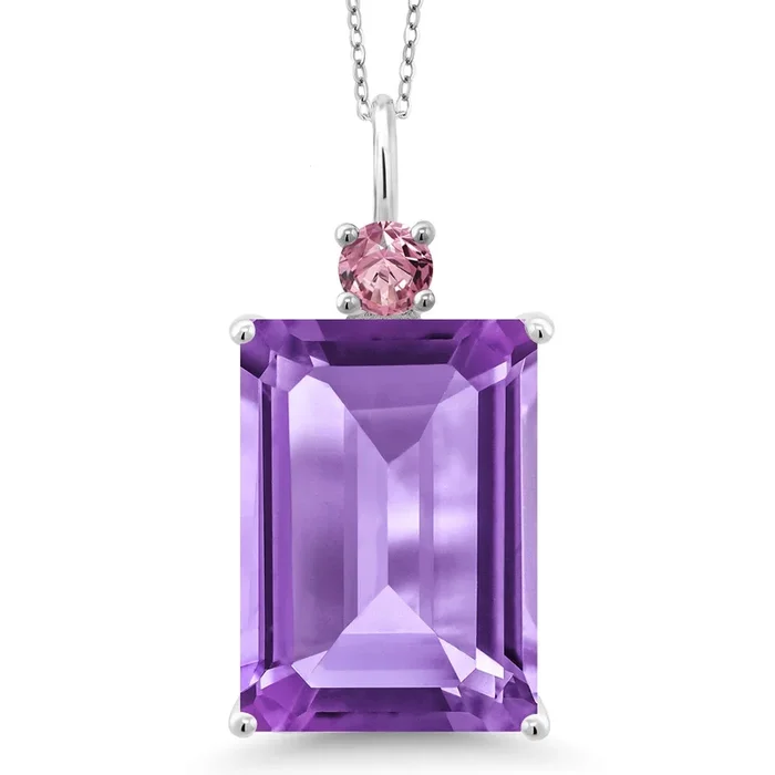 925 Sterling Silver Gemstone Birthstone and Pink Lab Grown Diamond Pendant Necklace for Women | Emerald Cut 18X13MM and Round 4MM | With 18 Inch Chain | Fine Jewelry for Her Mom Wife