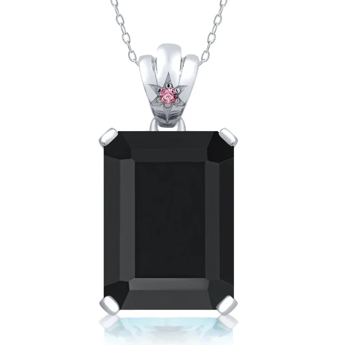 925 Sterling Silver Gemstone Birthstone and Pink Lab Grown Diamond Pendant Necklace for Women | Emerald Cut 18X13MM with 1.8MM Accent in Star-Set Bail | 18 Inch Chain | Fine Jewelry for Her Mom Wife