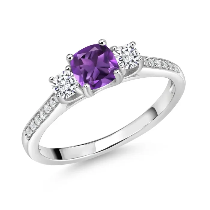 925 Sterling Silver Gemstone Birthstone and White Moissanite Ring | 5MM and 3MM Cushion | 3-Stone Wedding Engagement Anniversary Ring For Women | Available In Size 5, 6, 7, 8, 9
