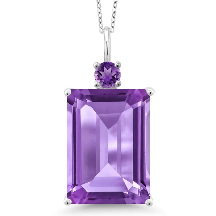 925 Sterling Silver Gemstone Birthstone Pendant Necklace for Women | Emerald Cut 18X13MM and Round 4MM | With 18 Inch Chain | Fine Jewelry for Her Mom Wife