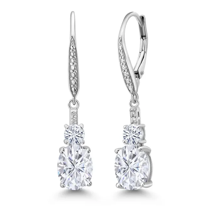 925 Sterling Silver Gemstone Birthstone, White Moissanite and Lab Grown Diamond Drop Dangle Earrings for Women | Oval 9X7MM, Round 4MM and 1MM Accents | Elegant Leverback Closure