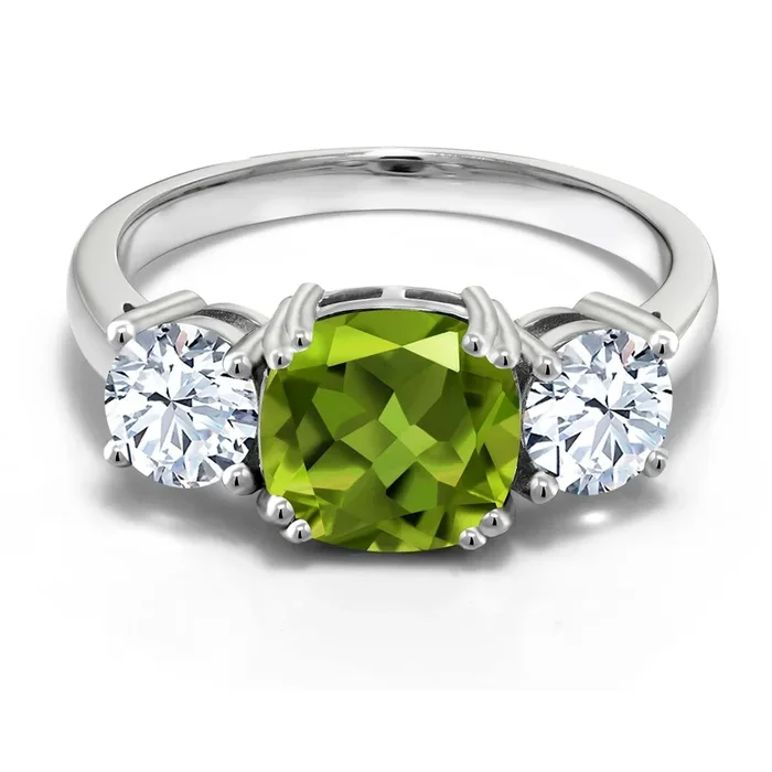 925 Sterling Silver Green Peridot and White Zirconia 3 Stone Engagement Ring For Women (3.95 Cttw, Gemstone August Birthstone, Cushion 8MM, Size 7)