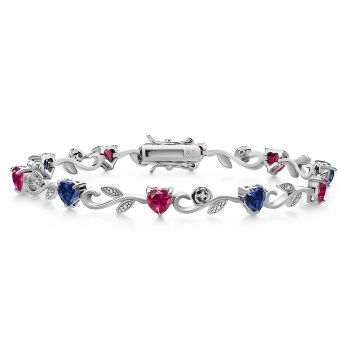 925 Sterling Silver Heart Shape Blue Created Sapphire Red Created Ruby and Round White Lab Grown Diamond Greek Vine Flower Tennis Bracelet For Women (5.54 Cttw, 7.5 Inch)