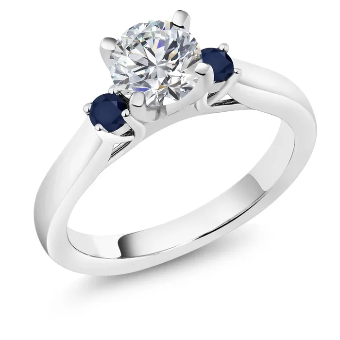 925 Sterling Silver Lab Grown Diamond and Blue Sapphire Engagement Ring For Women | 0.86 Cttw | Round 6MM | Gemstone April Birthstone