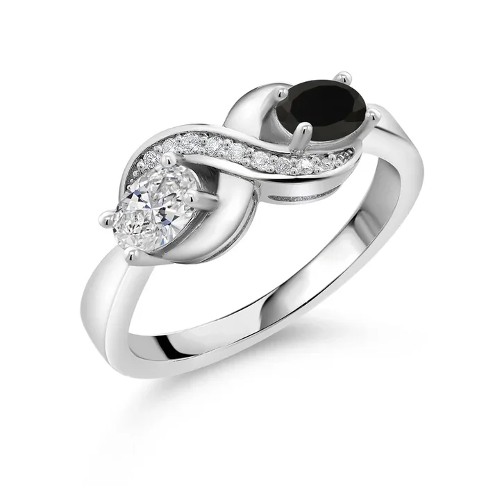 925 Sterling Silver Lab Grown Diamond Black Onyx and White Created Sapphire Ring For Women | 0.99 Cttw | Oval 6X4MM | Gemstone April Birthstone