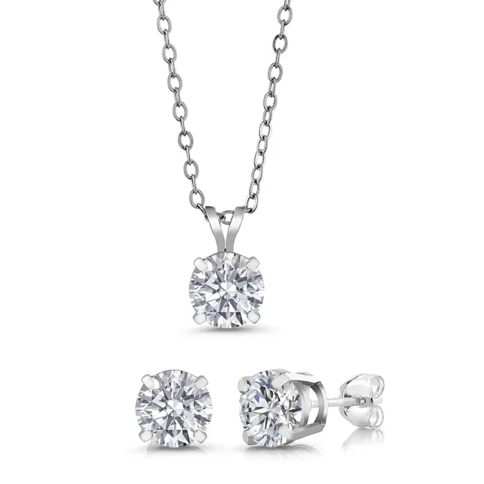 925 Sterling Silver Lab Grown Diamond Pendant and Earrings Jewelry Set For Women (2.22 Cttw, Gemstone April Birthstone, Round 6MM, with 18 Inch Chain)