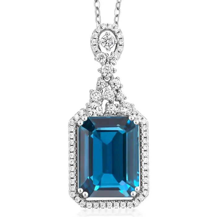 925 Sterling Silver London Blue Topaz Pendant Necklace For Women (10.10 Cttw, Emerald Cut 14X10MM, Gemstone Birthstone with 18 Inch Silver Chain)