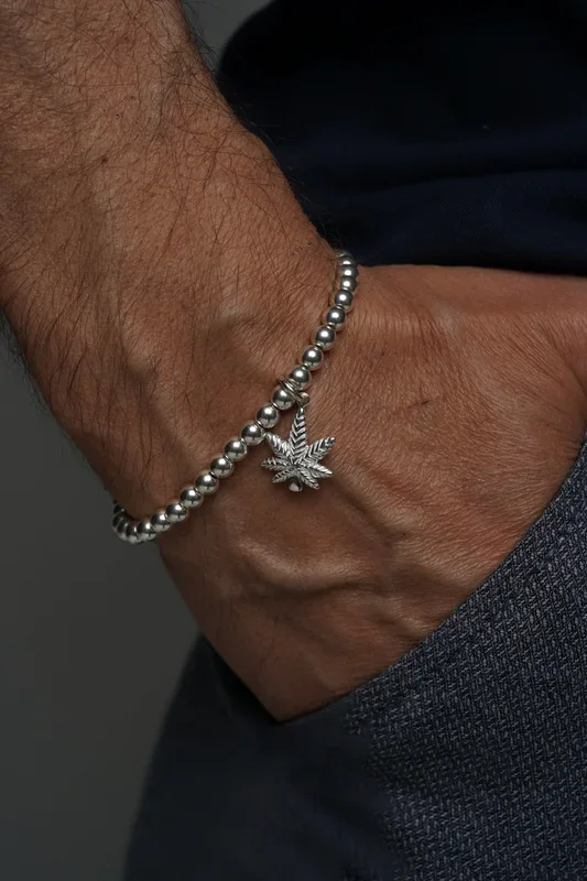 925 Sterling Silver Marijuana Leaf Symbol Stretch Bracelet, Marijuana Bracelet, Stacked Bracelets, Silver Bracelets