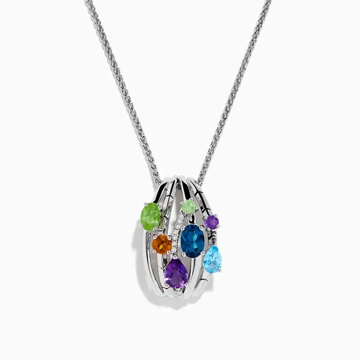 925 Sterling Silver Multi Color Gemstone and Diamond Pendant