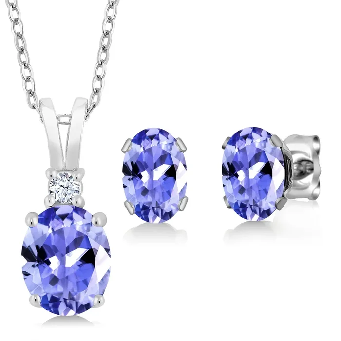 925 Sterling Silver Oval Blue Tanzanite Pendant and Earrings Jewelry Set For Women (2.71 Cttw, Gemstone Birthstone, with 18 Inch Silver Chain)