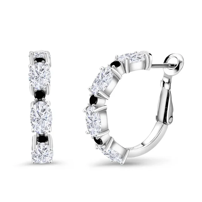 925 Sterling Silver Oval Gemstone Birthstone and Black Diamond Accent Hoop Earrings For Women | Oval 6X4MM and Round 2MM | 20MM = 0.80 Inch | Fine Jewelry for Her Mom Women Wife