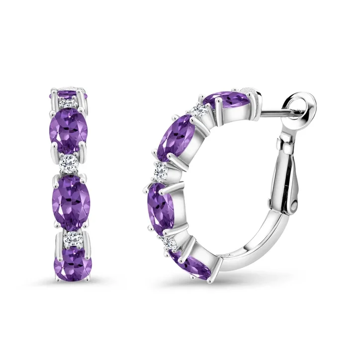 925 Sterling Silver Oval Gemstone Birthstone and White Topaz Accent Hoop Earrings For Women | Oval 6X4MM and Round 2MM | 20MM = 0.80 Inch | Fine Jewelry for Her Mom Women Wife