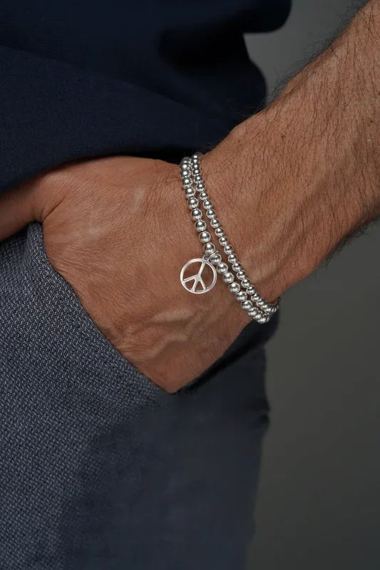 925 Sterling Silver Peace Symbol Stretch Bracelet, Peace Bracelet, Stacked Bracelets, Silver Bracelets