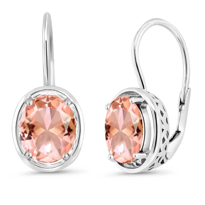 925 Sterling Silver Peach Nano Morganite Dangle Earrings For Women (4.00 Cttw, Oval 9X7MM)
