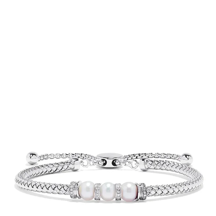 925 Sterling Silver Pearl and Diamond Accent Braided Bolo Bracelet, 0.10 TCW