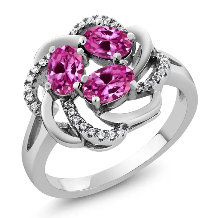 925 Sterling Silver Pink Created Sapphire Ring For Women (1.87 Cttw, Oval 6X4MM, Gemstone September Birthstone, Available In Size 5, 6, 7, 8, 9)