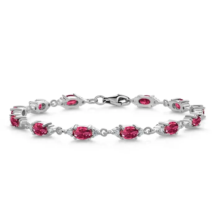 925 Sterling Silver Pink Tourmaline and White Moissanite Tennis Bracelet For Women (6.61 Cttw, Gemstone Birthstone, Oval 6X4MM, 6.5, 7, 7.5 Inch)