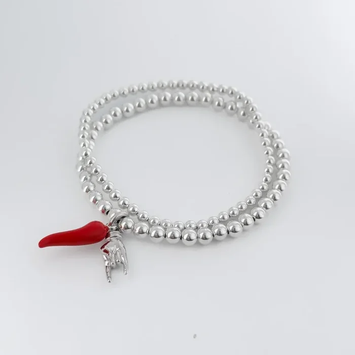 925 Sterling Silver Red Cornetto & Mano Cornuto Bracelet, Italian Horn Bracelet, Italian Hand, Malocchio Bracelet, Stacked Bracelets